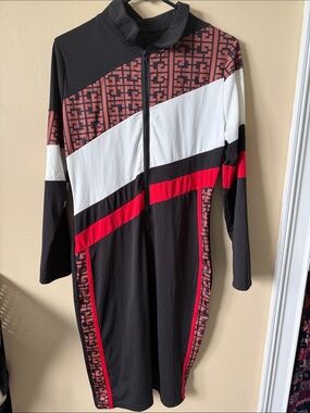 Long Sleeve Colorblock Midi Dress in Black, Red & White